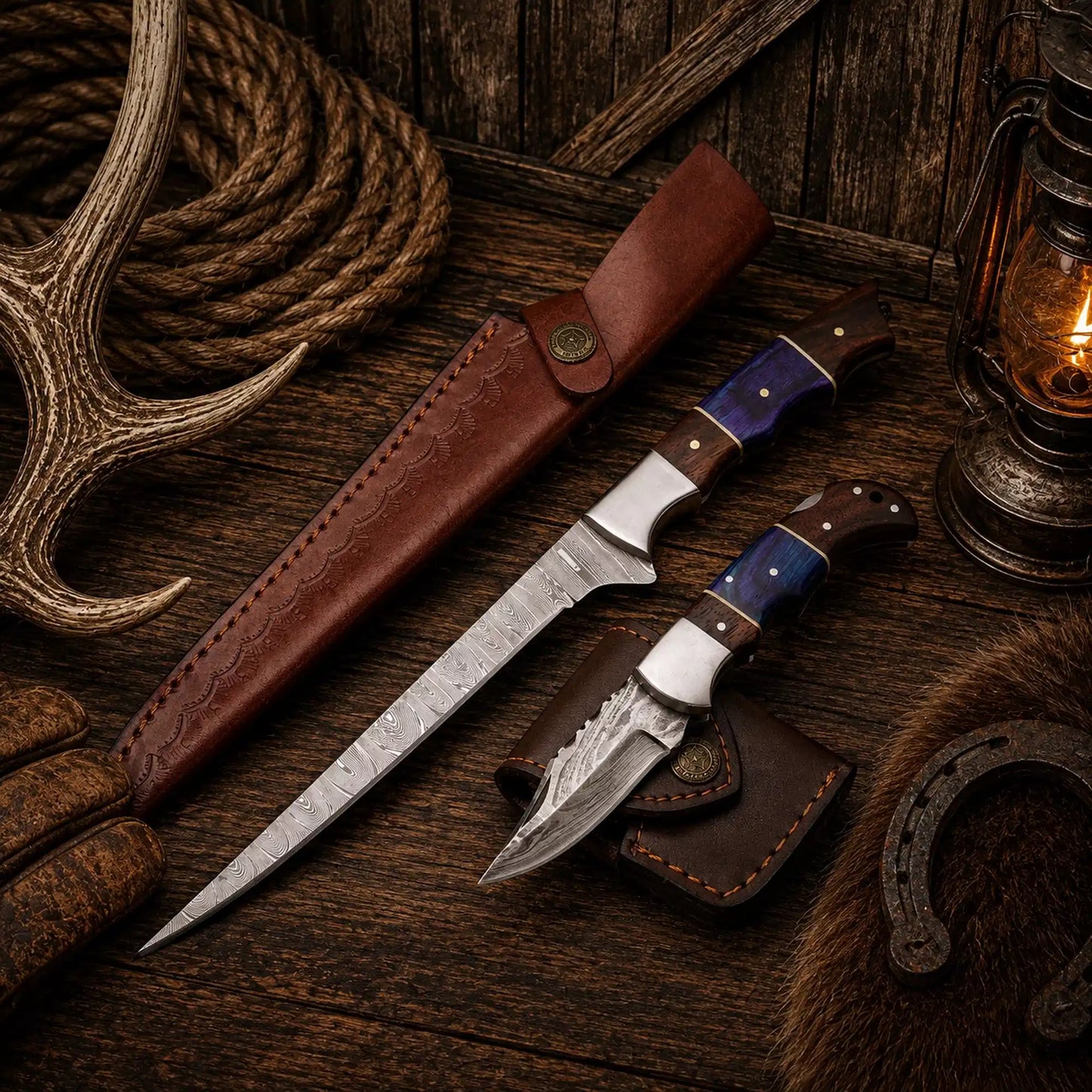 Buy Best Duo Damascus Steel Fillet & Pocket Folding Knife