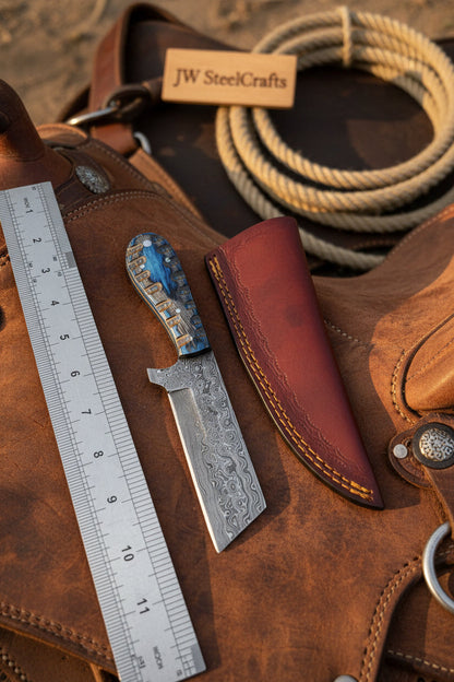 Western Bull Cutter 7” Knife – Damascus Ranch Blade with Blue Stabilized Handle & Sheath