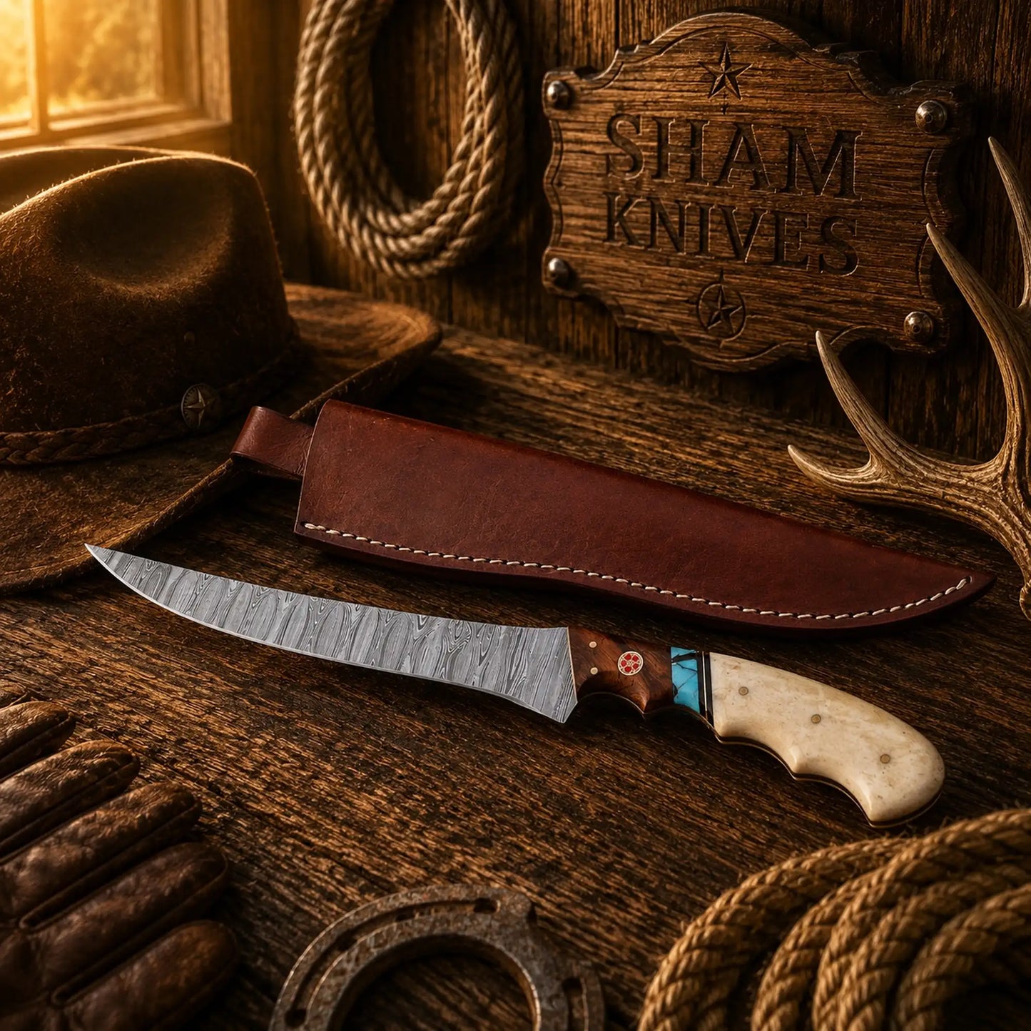 Handmade Damascus Steel Fillet Knife – Bone & Turquoise Handle with Sheath