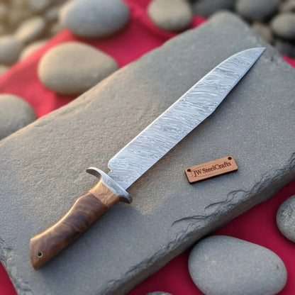 Handmade Damascus Steel Fighter Knife - Combat Blade with Wooden Handle & Leather Sheath