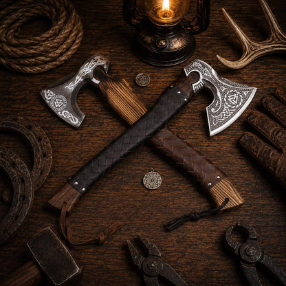 Best Duo Norse & Celtic Engraved Bearded Axe with Leather Sheath