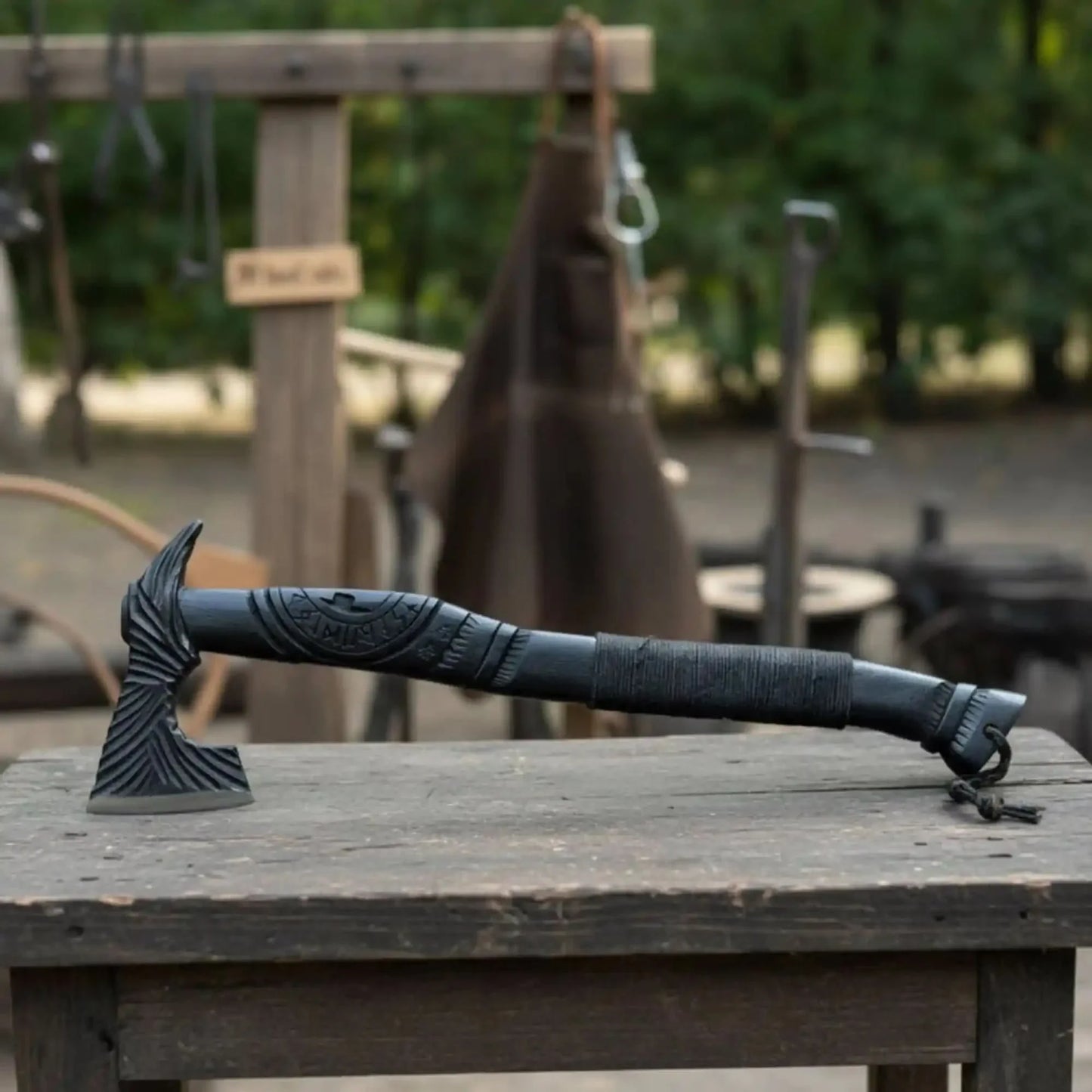 Hand Forged Viking Battle Axe with Carved Black Hardwood Handle