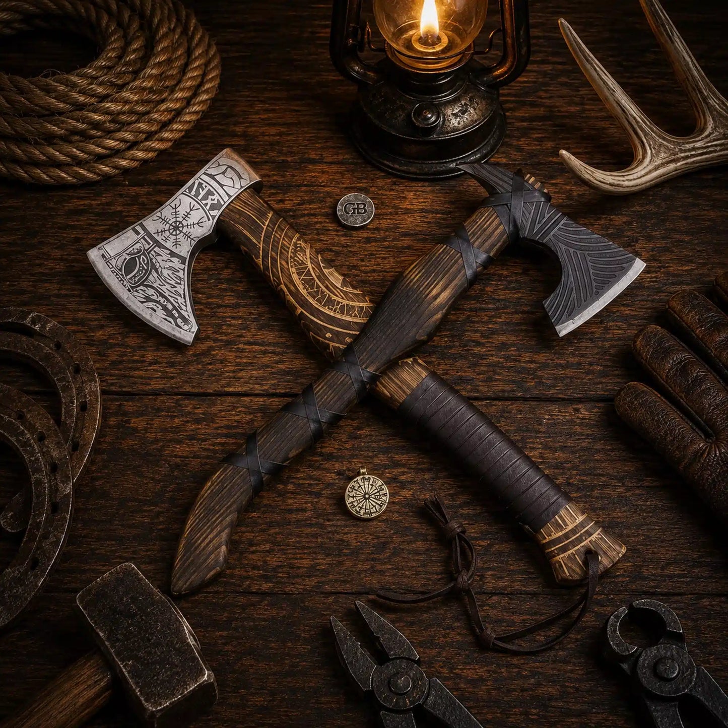 Hand Forged Viking Battle Axe Pair with Leather Sheath