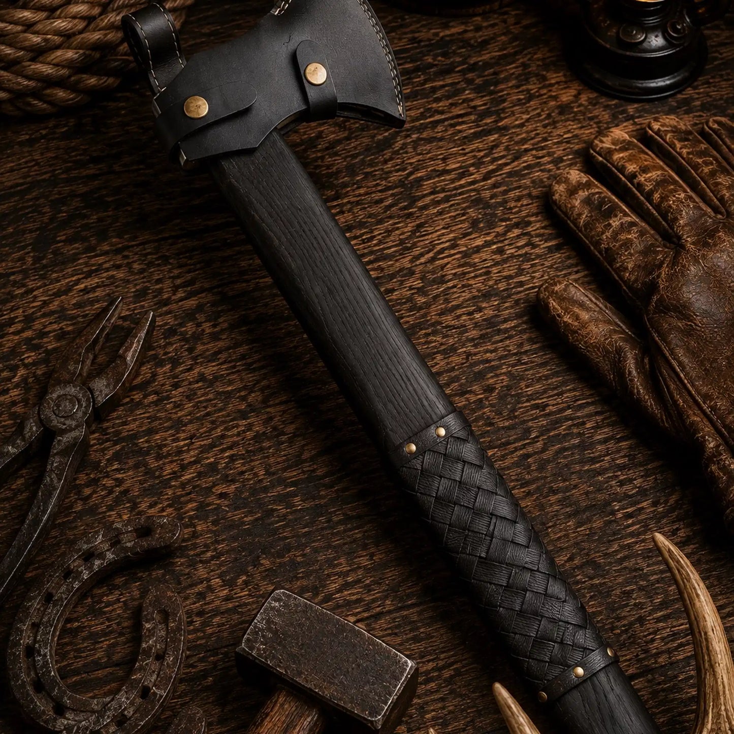 Hand Forged Viking Battle Axe – 21" Black Leather Wrapped Hardwood Handle