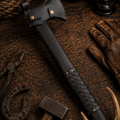 Hand Forged Viking Battle Axe – 21" Black Leather Wrapped Hardwood Handle