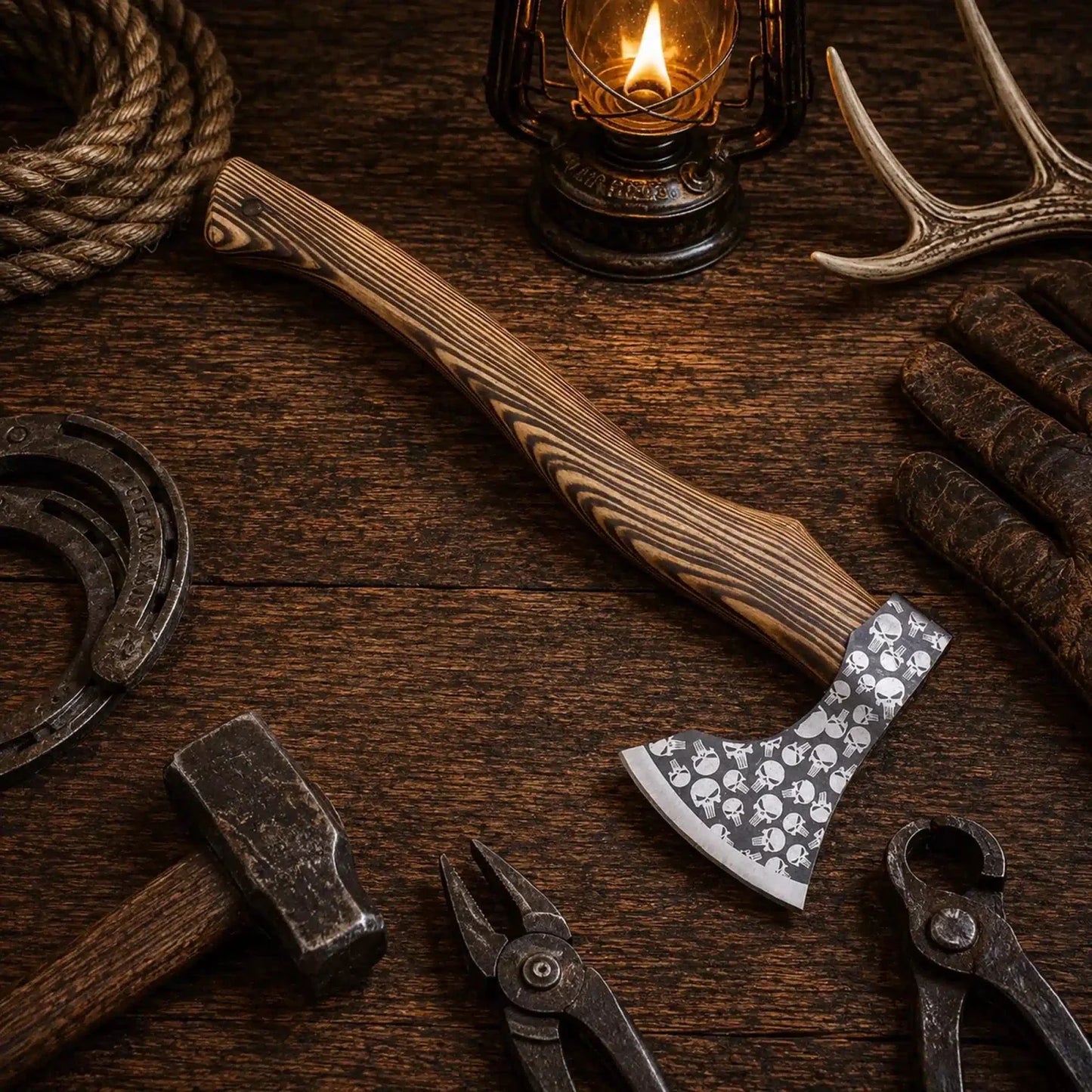 PUNISHER ETCHED HAND FORGED CARBON STEEL HANDMADE HUNTING VIKING TOMAHAWK HATCHET AXE 20”