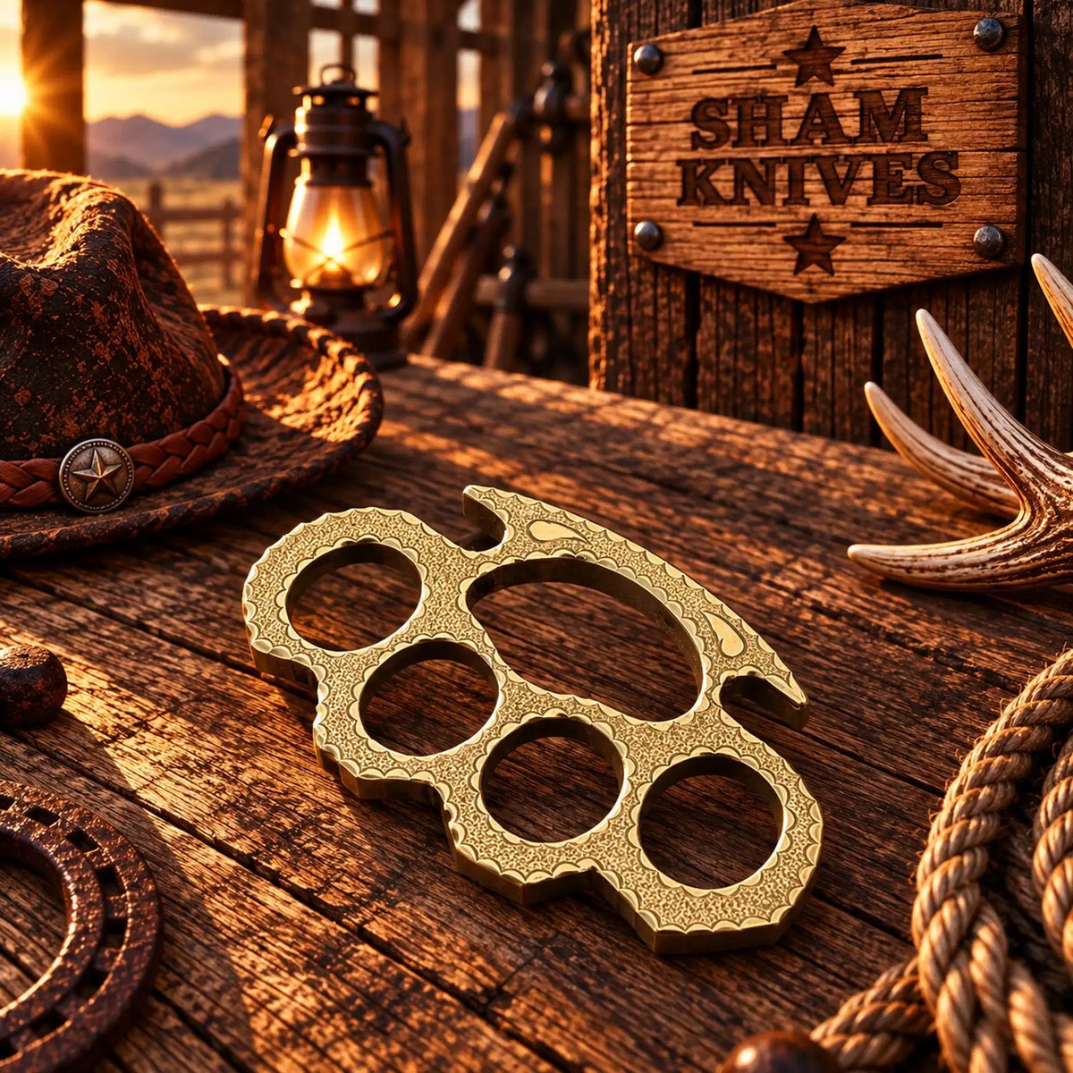 Handmade Western Engraved Brass Knuckle with Custom Leather Sheath