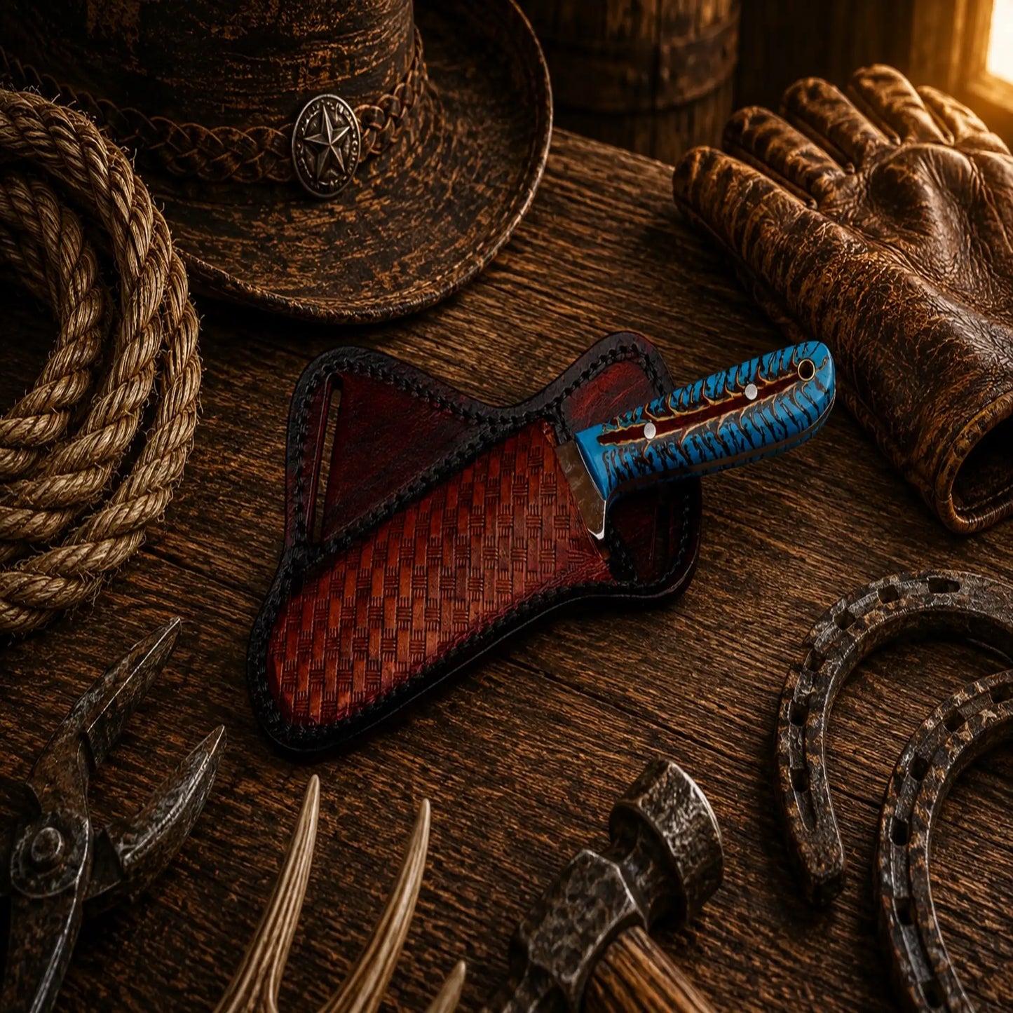 Buckaroo Style Cowboy Knife – Handmade D2 Steel Turquoise Pine Cone Ranch Knife