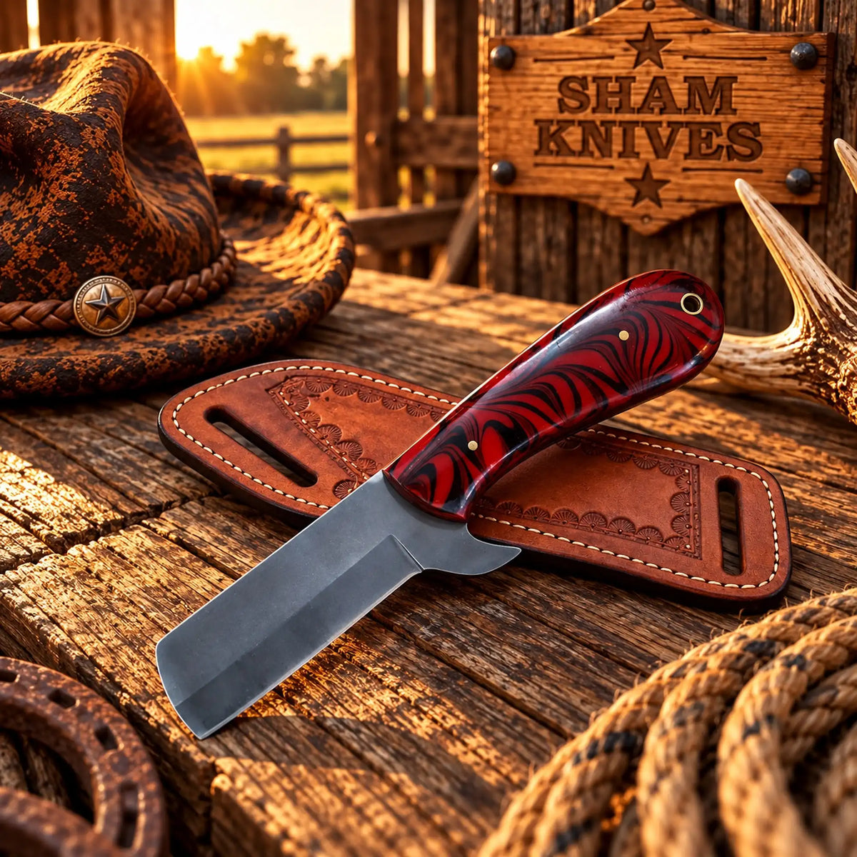 Heritage Knife acid wash Steel Western Bullcutter with Pancake leather Sheath