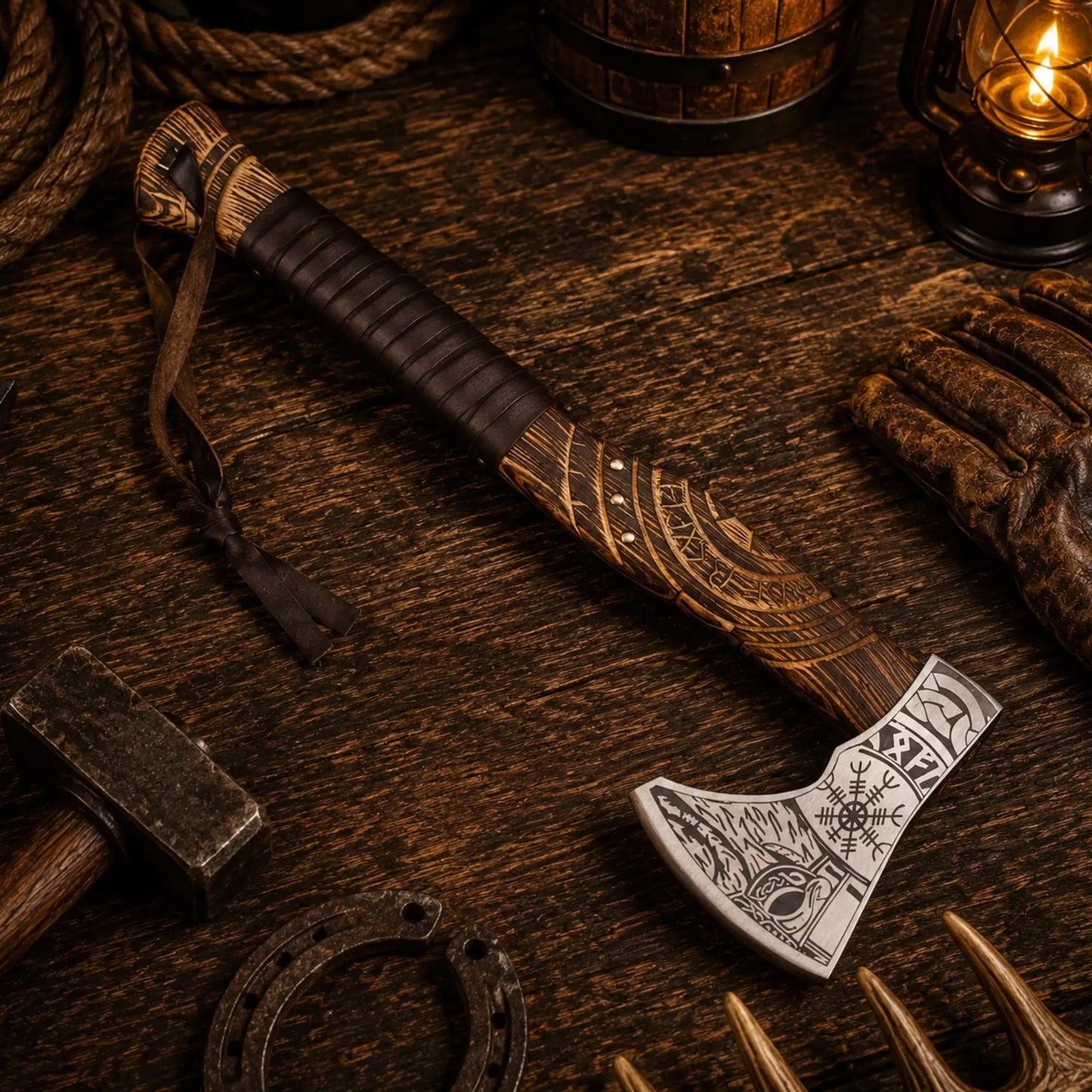 Handcrafted Viking Axe – 1095 Carbon Steel, Carved Ash Wood & Sheath