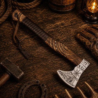 Handcrafted Viking Axe – 1095 Carbon Steel, Carved Ash Wood & Sheath