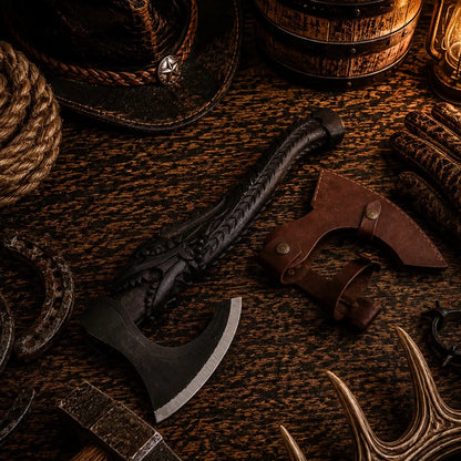 Hand Forged Viking Bearded Axe – Dragon Carved Ash Wood Handle