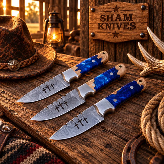 Holy Trinity Damascus steel Cowboy Skinning Knife Set – Blue Epoxy Handles