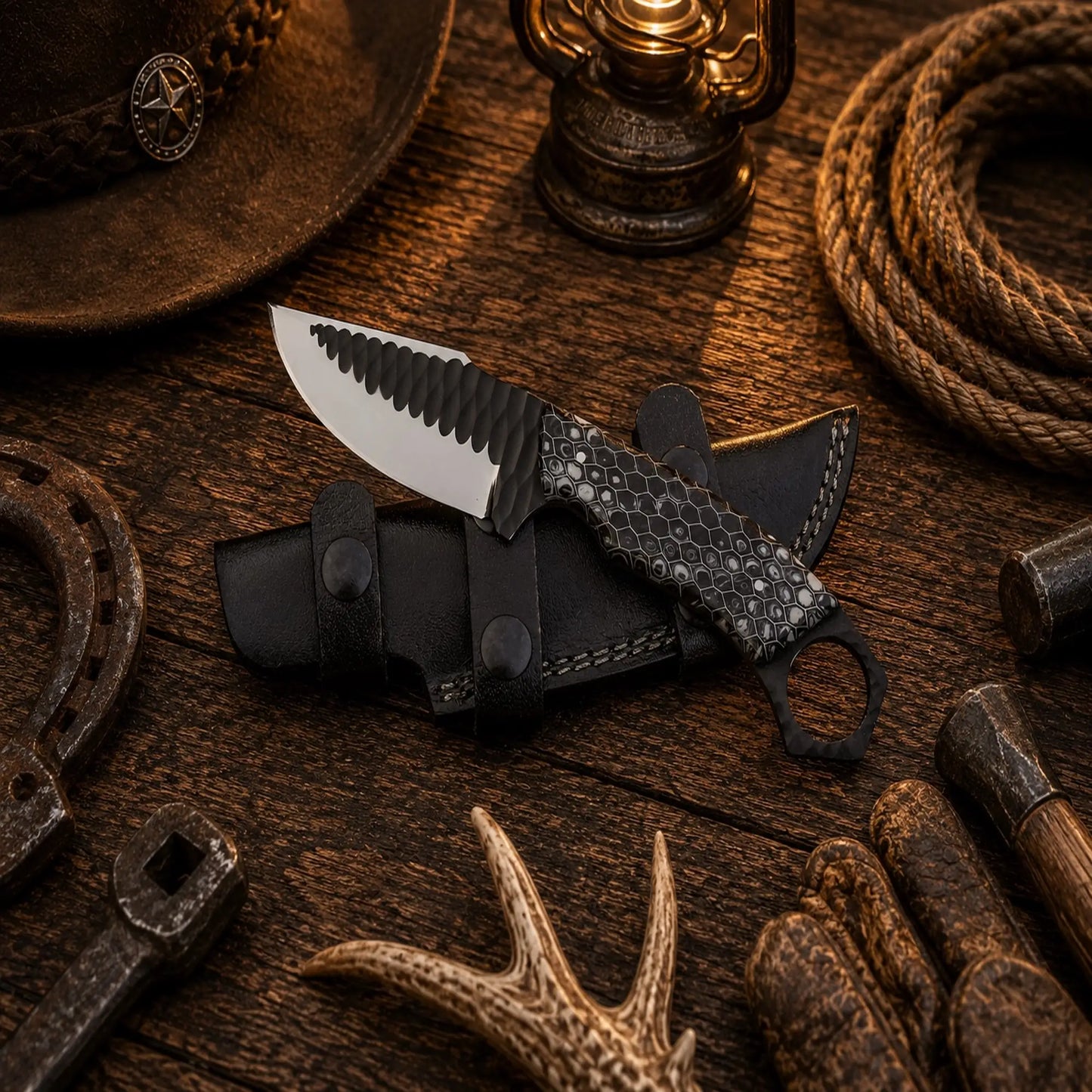 Honeycomb Ranch Hunting Knife – D2 Powder Coated Blade with Horizontal Leather Sheath