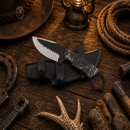 Honeycomb Ranch Hunting Knife – D2 Powder Coated Blade with Horizontal Leather Sheath