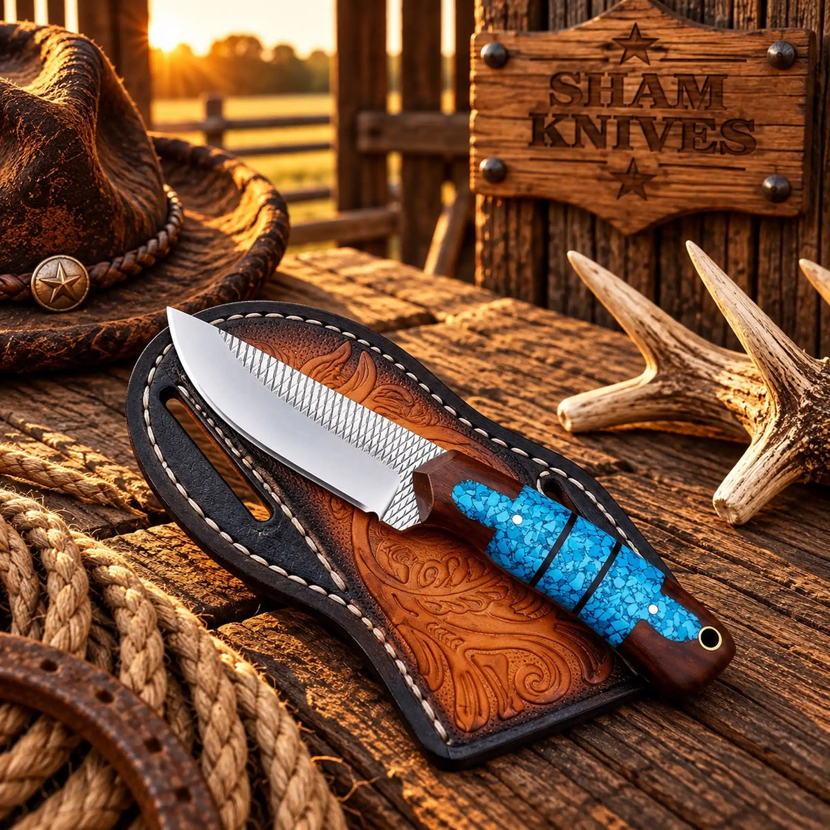 Horse Riding Cowboy Knife – 4" Forged Rasp Steel with Turquoise & Rosewood Handle