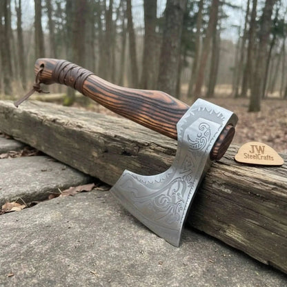 Hand Forged Carbon Steel Viking Axe with Carved Ash Wood Handle and Leather Grip