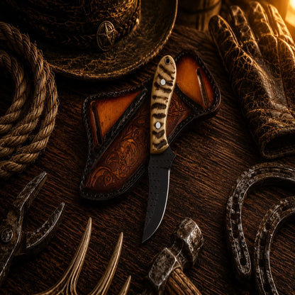The Iron Ranch Cowboy Knife – Handmade D2 Powder Coated Steel with Ram Horn Handle