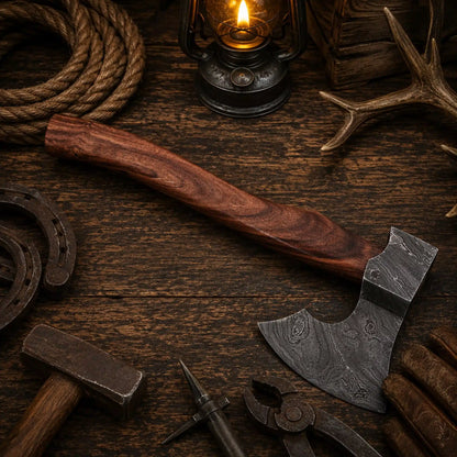 The Iron Raven Damascus Viking Axe – Hand Forged Bearded Hatchet