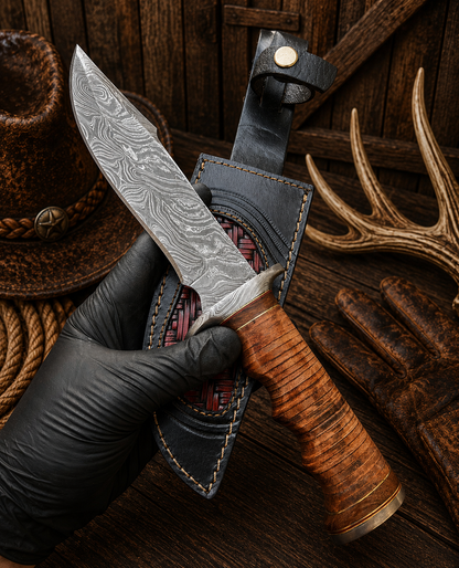 Ironhide Legend Bowie Knife – Damascus Steel & Stacked Leather Handle