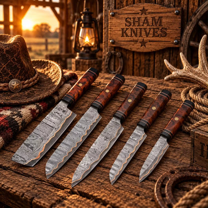 Handmade K-Tip Gyuto Style Copper Damascus Kitchen Chef Knife Set – Resin Handles