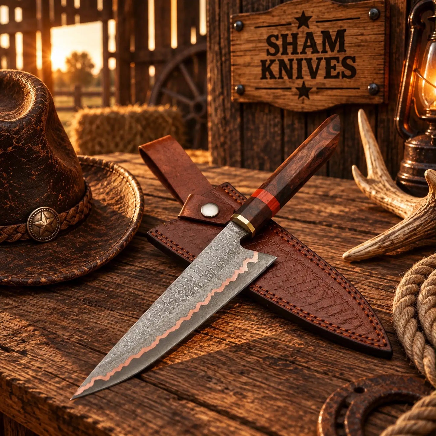 Premium Hand Forged Ladder Style Copper Damascus Chef Knife for Sale – Rosewood Handle