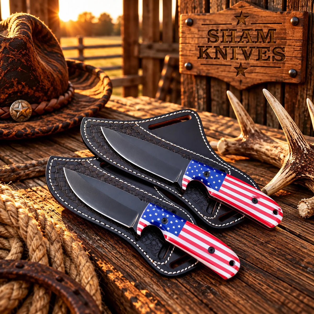 Liberty cowboy Ranch D2 Steel Hunting Knife Set – American Flag Handles with side belt leather sheath
