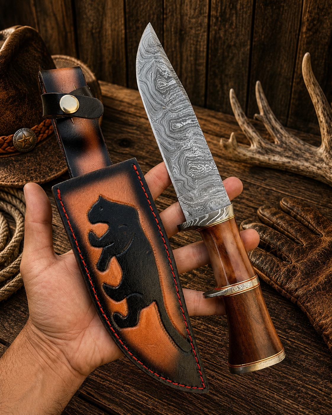 Lionheart Double Guard Bowie – Damascus, Wood, Bone & Sheath