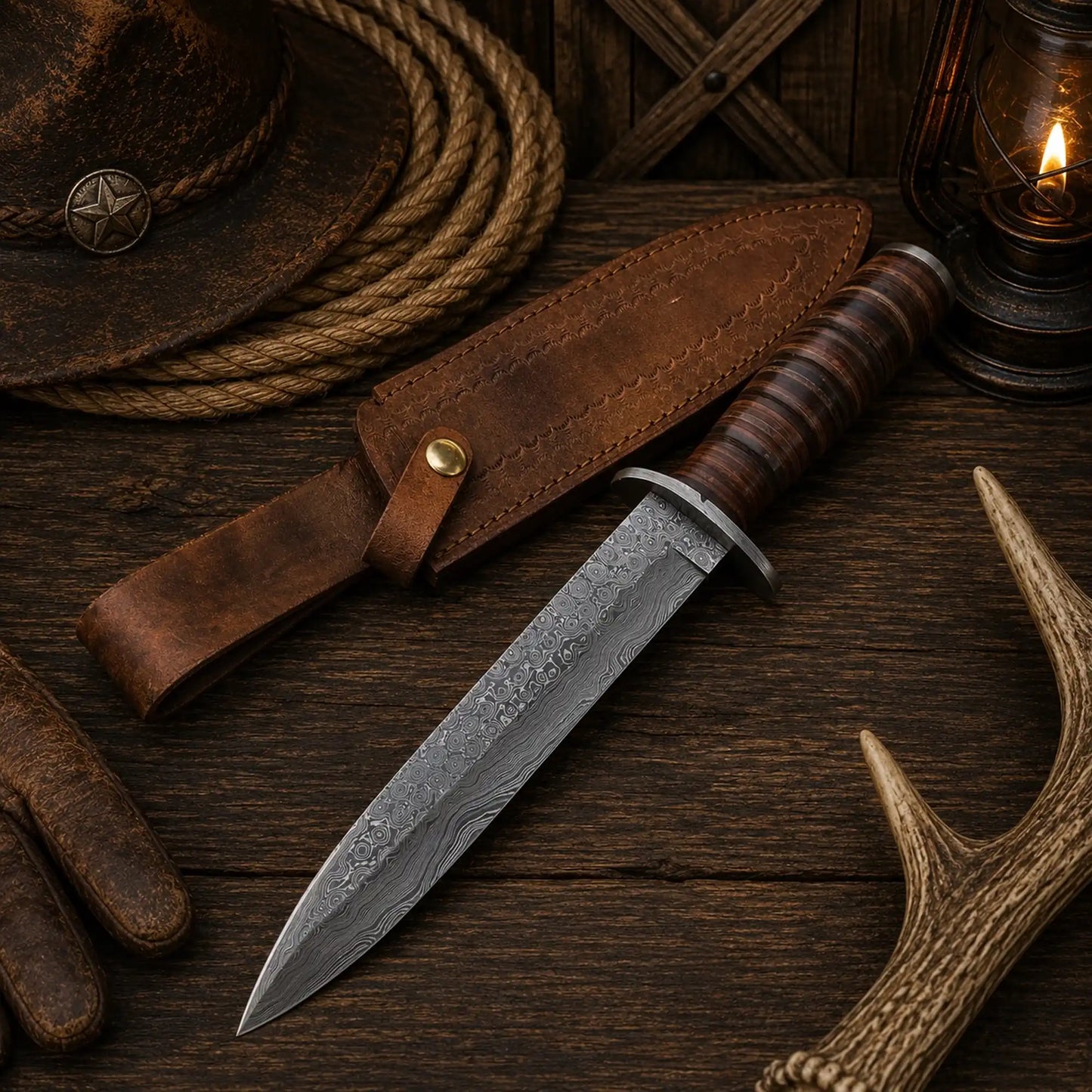 M3 Heritage Damascus Bowie Knife – Stacked Leather Handle & Sheath
