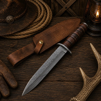 M3 Heritage Damascus Bowie Knife – Stacked Leather Handle & Sheath