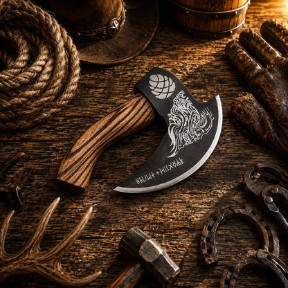 Skull Etched Pizza Cutter Axe – Medieval Carbon Steel Pizza Axe