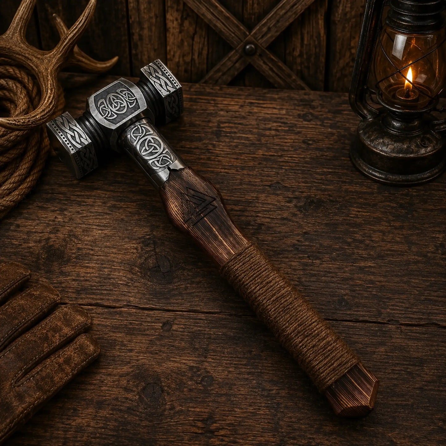 Mjölnir Viking Hammer – Handmade 18″ Norse Décor with Rope Grip
