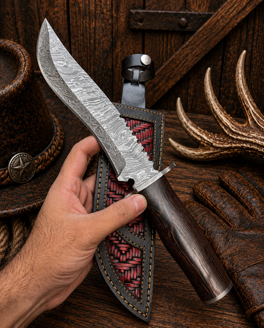 Nightwood Trail Bowie Knife – Damascus Steel, Wenge Wood Handle & Leather Sheath