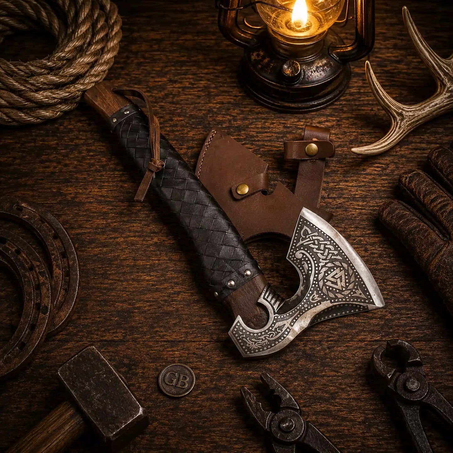 Viking Axe with Leather Sheath – Hand Forged Norse Engraving Hatchet
