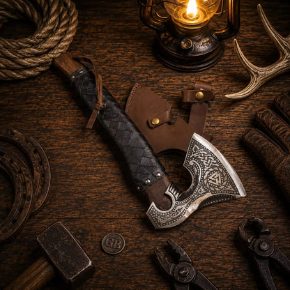 Viking Axe with Leather Sheath – Hand Forged Norse Engraving Hatchet