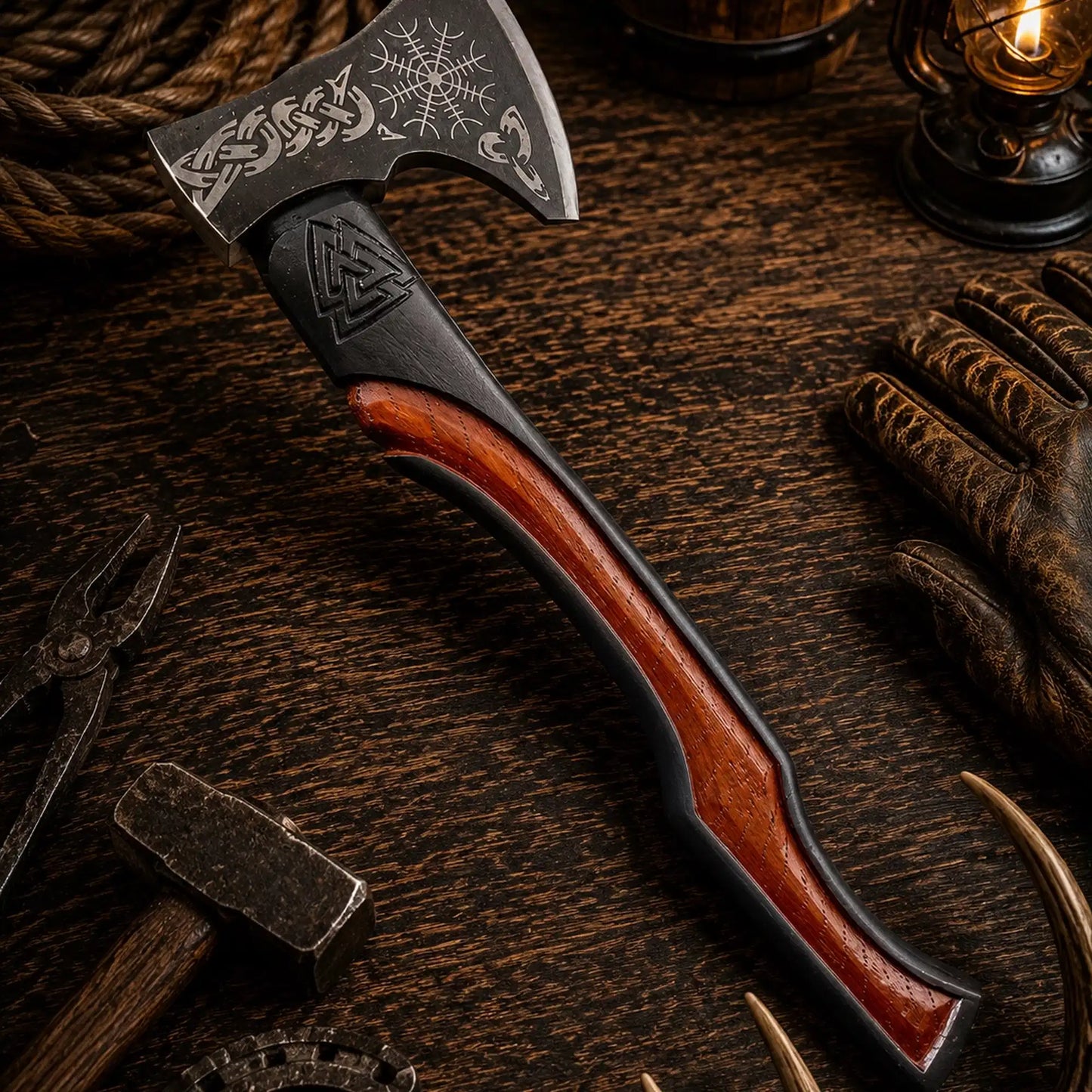 Norse Engraved Camping Axe – 1095 Carbon Steel & Rosewood Handle