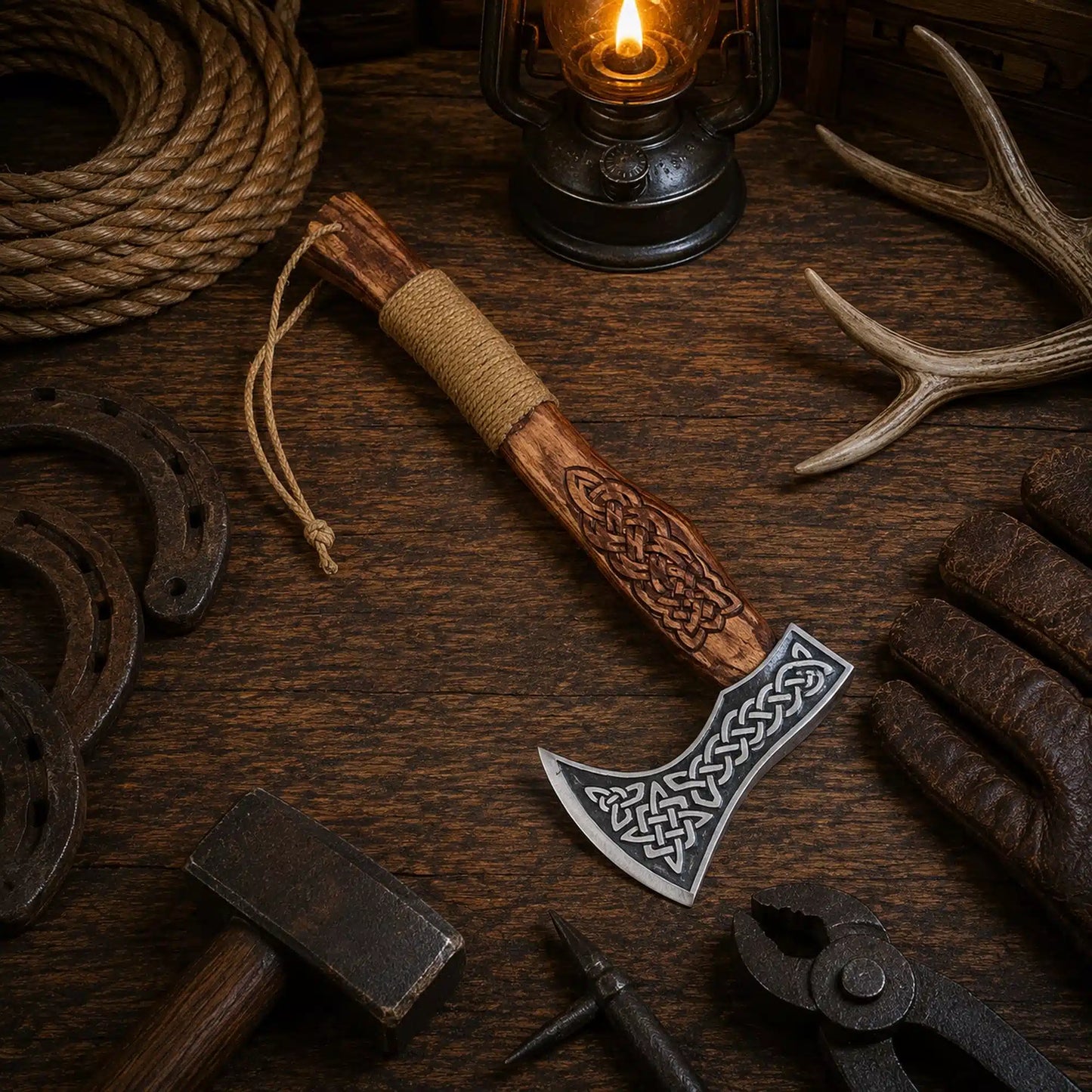 Runic Viking Axe – 1095 Carbon Steel with Norse Engraved Ash Wood Handle
