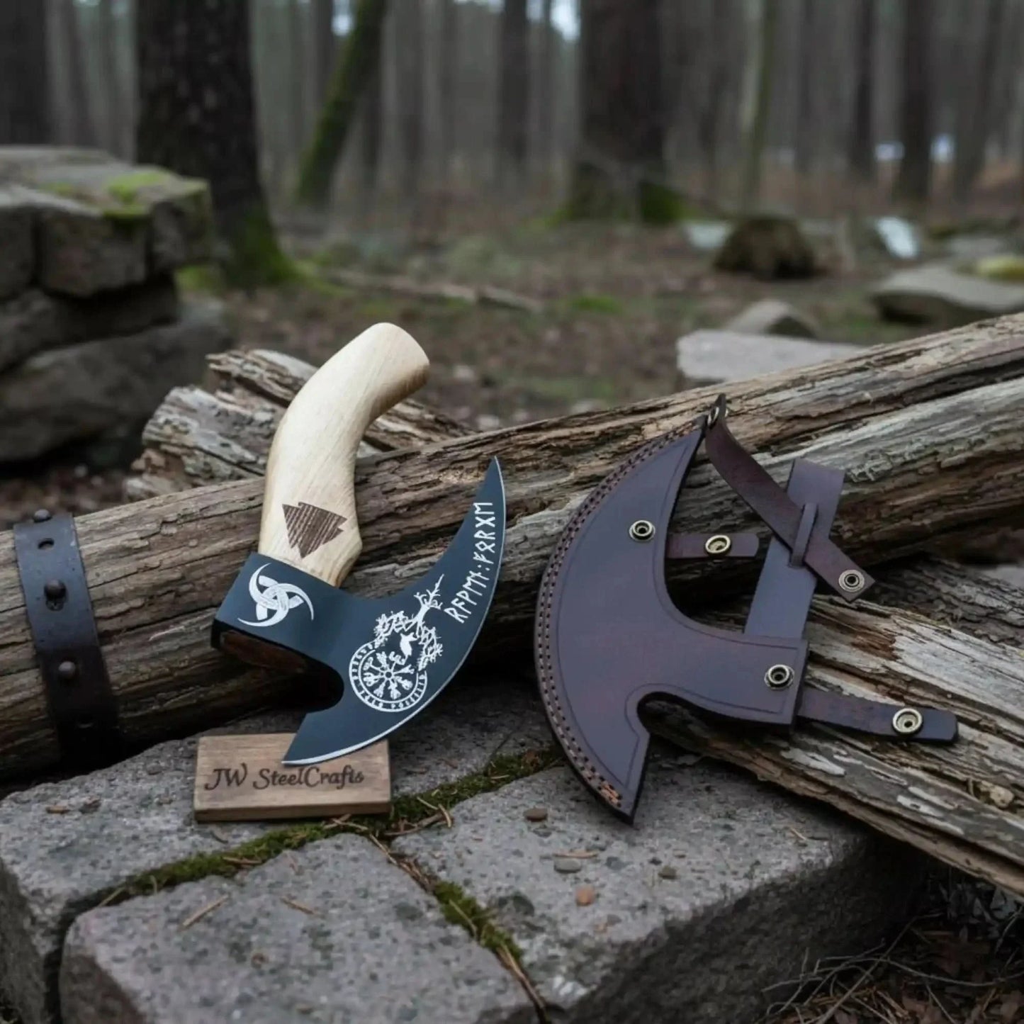 Viking Rune Engraved Bearded Axe Pizza Cutter — Carbon Steel Blade, Ash Wood Handle