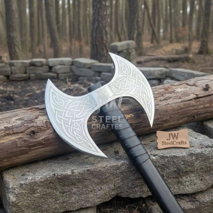 Custom Handmade Double-Headed Viking Axe with Nordic Knotwork Engravings and Cord-Wrapped Handle