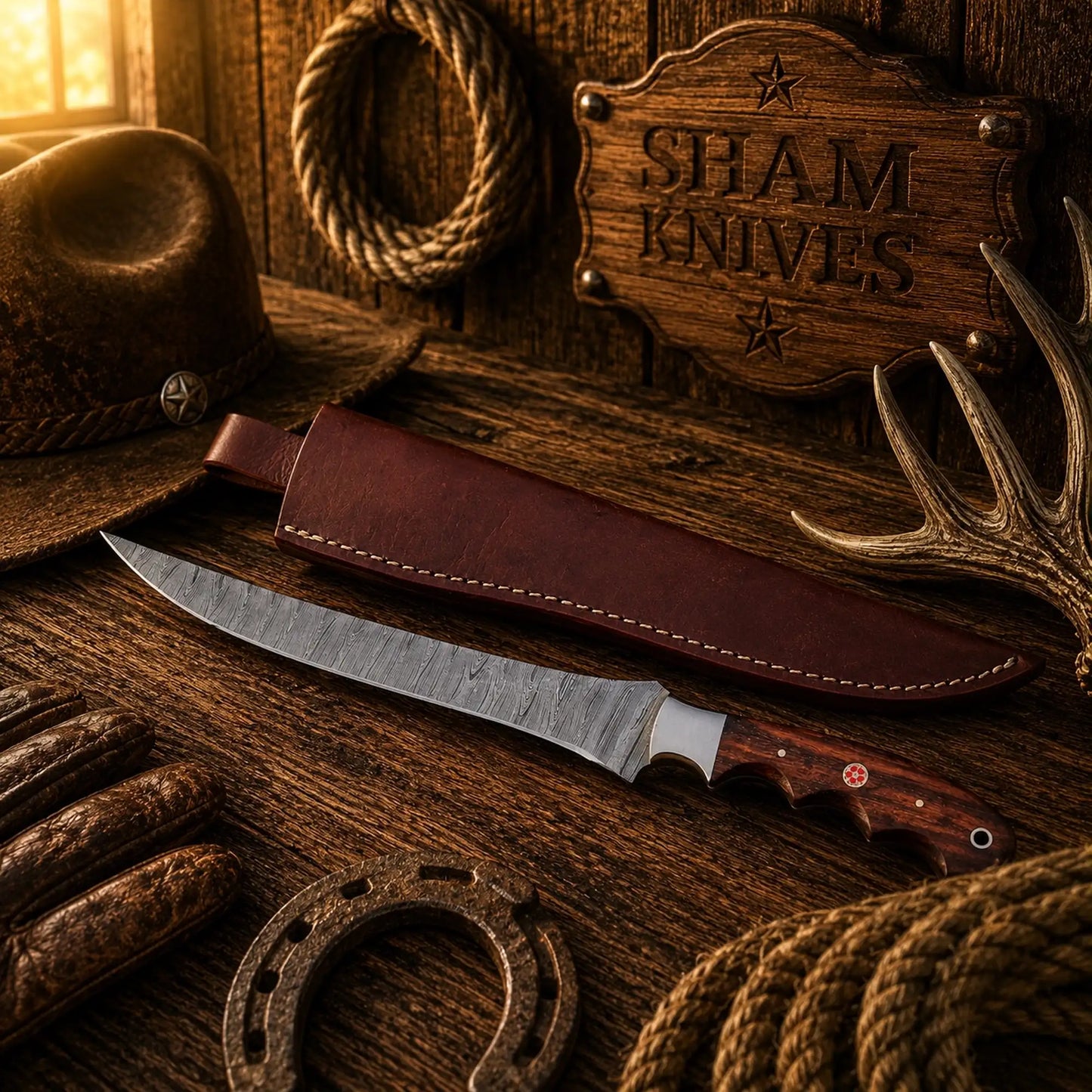 Old Angler Damascus Steel Fillet Knife – Rosewood Handle & Sheath