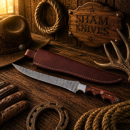 Old Angler Damascus Steel Fillet Knife – Rosewood Handle & Sheath