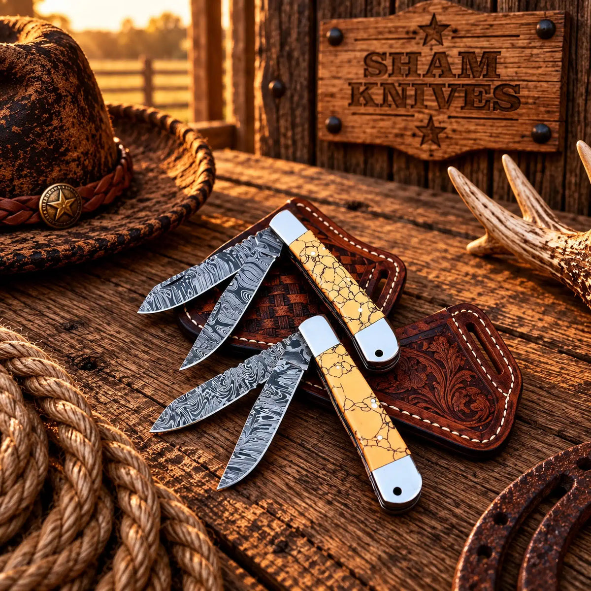 Orange Stone Damascus Trapper Knife Set with Pancake Leather Sheaths