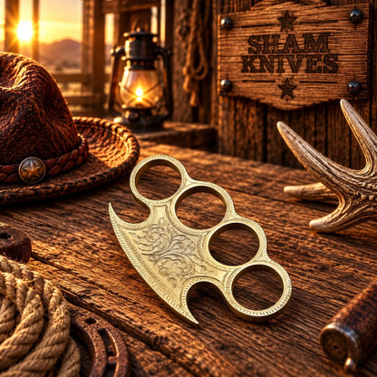 The Emperor – Ornate Engraved Brass Knuckle Display Piece with Leather Sheath