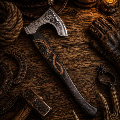OTHALA Hand Forged Viking Axe – Carved Ash Wood & Leather Sheath