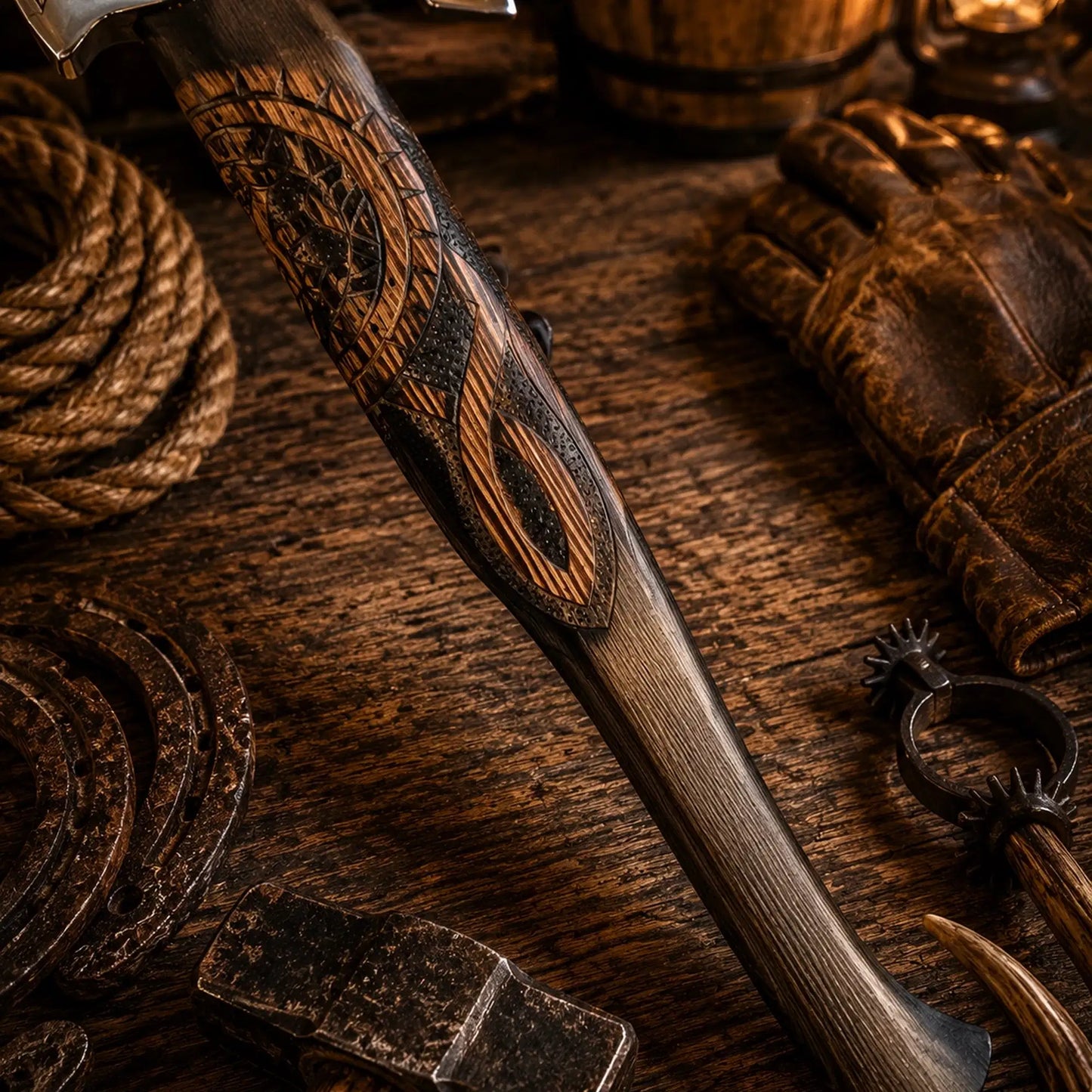 OTHALA Hand Forged Viking Axe – Carved Ash Wood & Leather Sheath