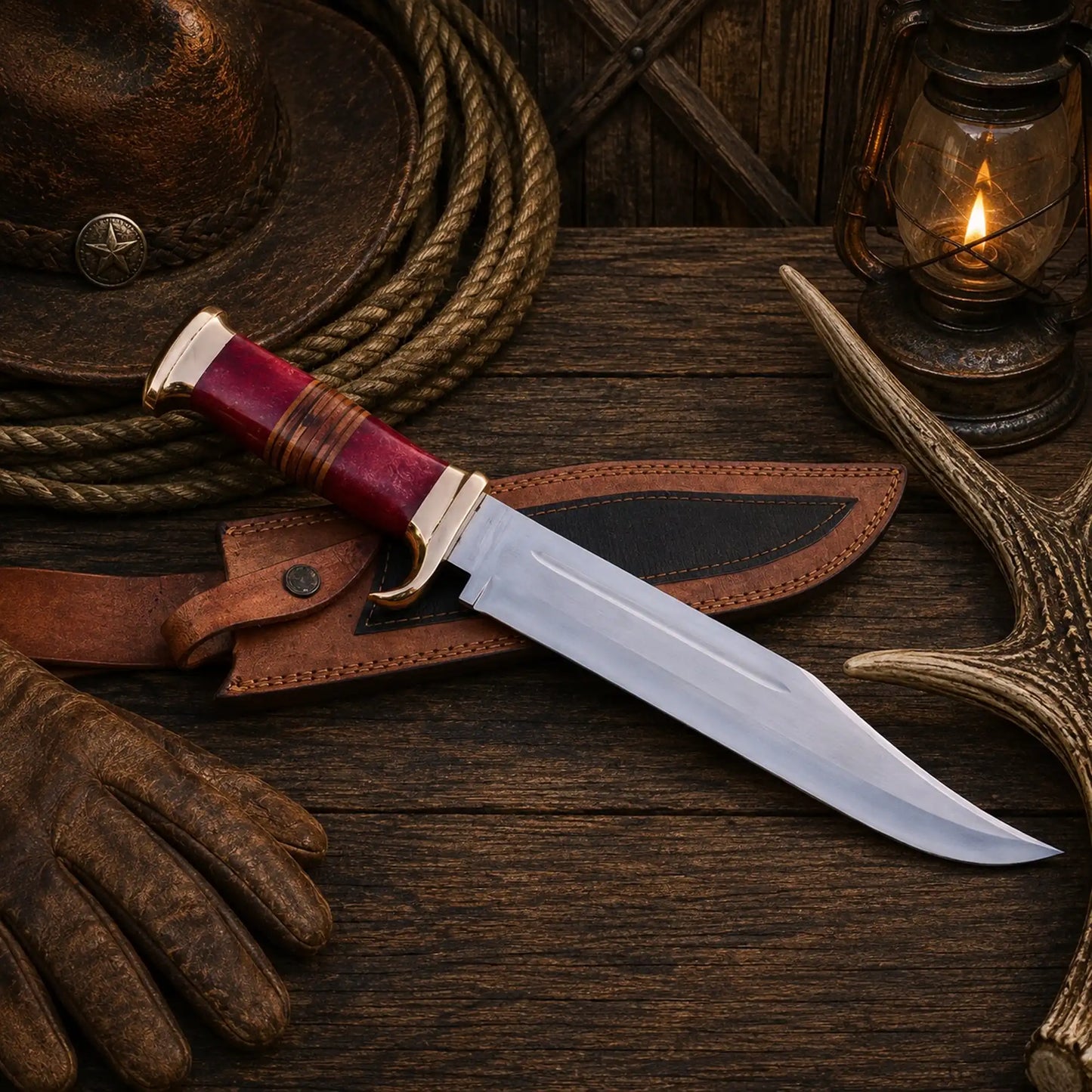 Outback Legend Bowie Knife – D2 Steel With Resin & Stacked Leather Handle