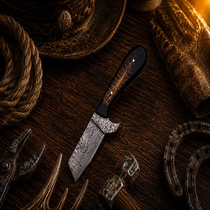 Outlaw Ranch Bull Cutter Knife – Damascus Steel Pinecone Handle