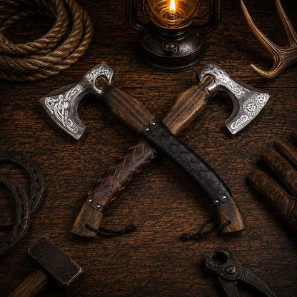 Personalized Norse & Celtic Engraved Bearded Camping Axe with Leather Sheath