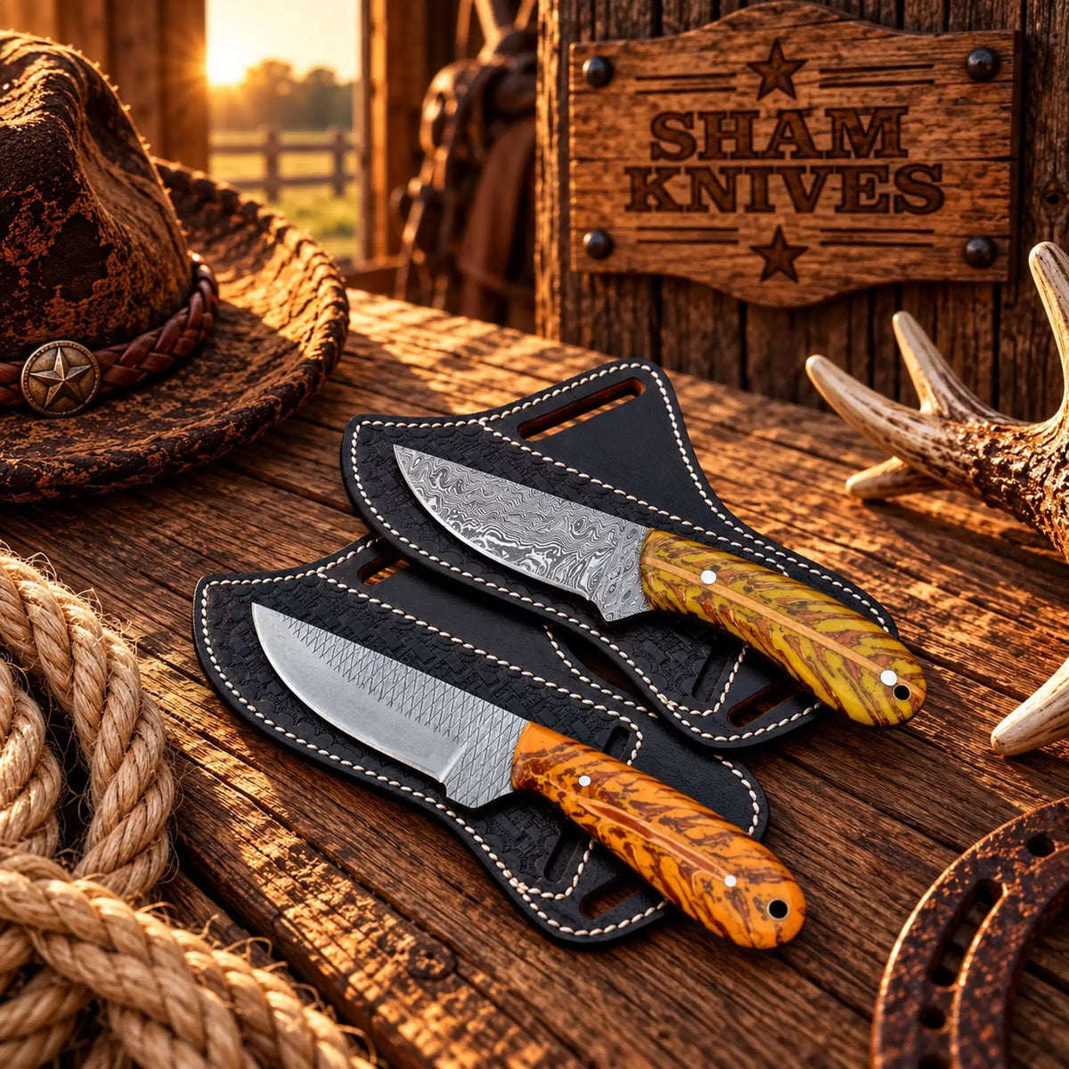 Twin Pine Cone Cowboy Skinner Set – Rasp & Damascus Steel Blades