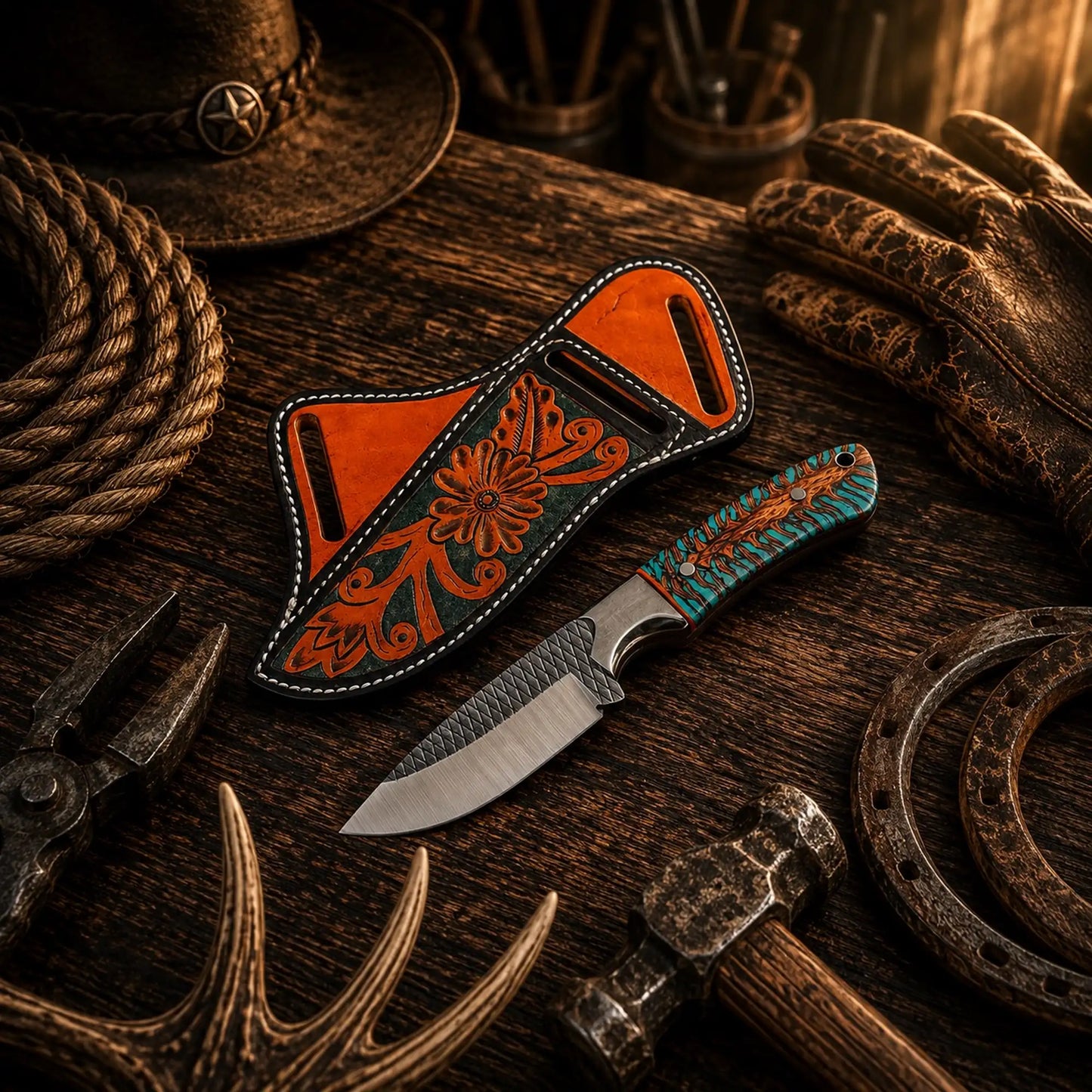 The Pine Cone Trail Hunter – Handmade Rasp File Hunting Knife with Cross Belt Sheath